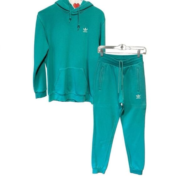 adidas Originals Trefoil Essentials Hoodie Joggers Sweatsuit Set Co-Ord Green - Picture 1 of 13